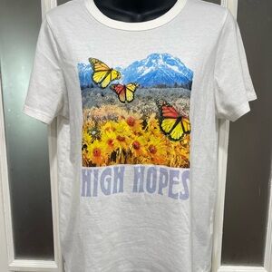 Old Navy White Cotton Tee with Butterfly and Mountain Scene